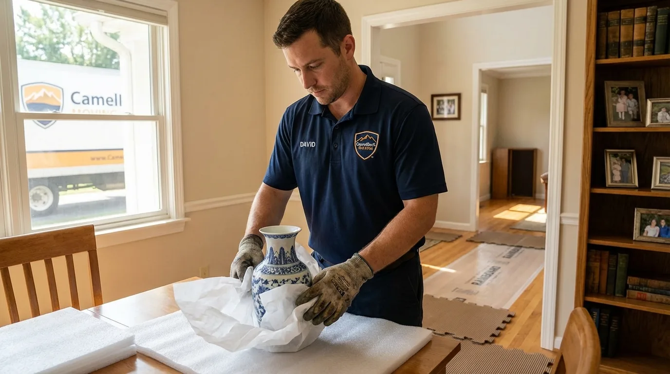 Professional crew carefully wrapping antique vase for senior downsizing move in Nederland, CO