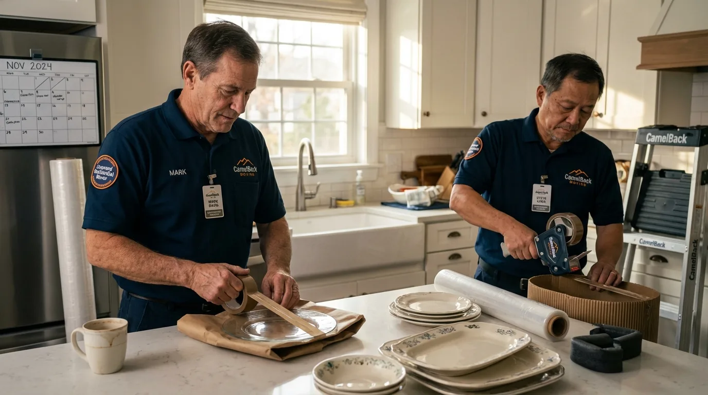 Professional crew packing kitchen dishware in Nederland, CO
